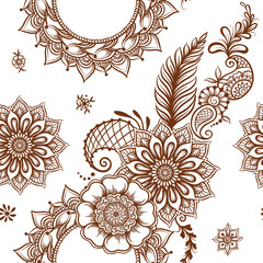 Eastern ethnic style compositions, mehendi, traditional indian henna floral ornament. Seamless pattern, background. Vector illustration.
