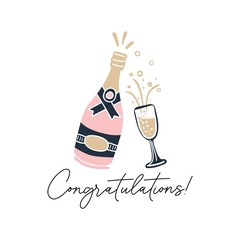 Congratulations hand drawn greeting card vector illustration. Pink bottle with champagne and glass flat style design. Cheers and celebration event concept © Microstocker.Pro