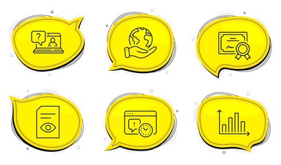 Diagram graph sign. Diploma certificate, save planet chat bubbles. Project deadline, View document and Faq line icons set. Time management, Open file, Web support. Presentation chart. Vector