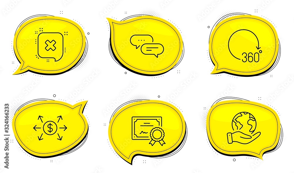 Poster dollar exchange sign. diploma certificate, save planet chat bubbles. dots message, reject and 360 de