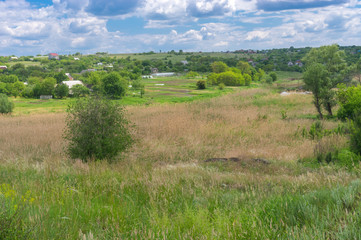 Fototapeta na wymiar Spring landscape with overgrown Sura riverside in Sursko-Lytovske village near Dnipro city, Ukraine