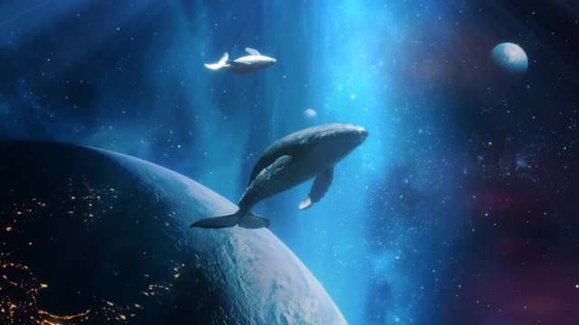 Fantastic Dream Of Flying Whales In Space With Nebula Stars And Planets. Two Whales Above The Planet Earth. Take Me To The Dream Concept