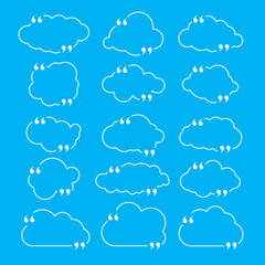 Fototapeta premium Quote box frame set as clouds isolated on blue background. Template for posting quotes or motivational messages. Quotation, comment or thought bubbles.