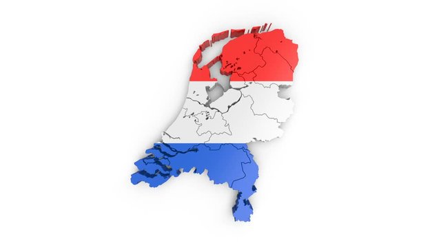 Map of Netherlands with flag, top view. Formed by individual states falling from top to bottom on white background. Animation with alpha channel
