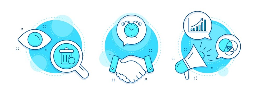Euler diagram, Alarm clock and Recovery trash line icons set. Handshake deal, research and promotion complex icons. Graph chart sign. Relationships chart, Time, Backup file. Growth report. Vector