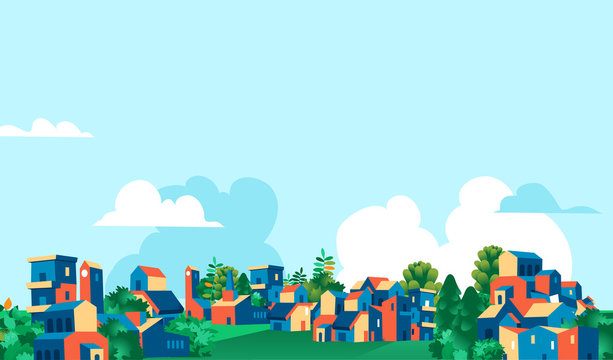 Panoramica citt&agrave;, villaggio con case e alberi verdi, sfondo cielo blu con nuvole - Illustrazione vettoriale