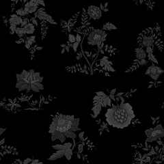 Seamless pattern with stylized ornamental flowers in retro, vintage style. Jacobin embroidery. Colored vector illustration in minimalistic black color.
