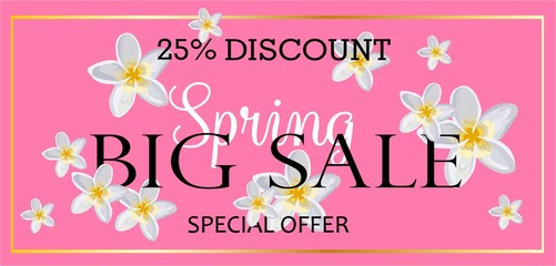 BIG SALE. Banner for advertising discounts and promotions. Spring discounts. Bright design. Flowers on a pink background..