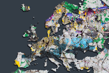 The color is peeling. Map of Europe with remnants of paint and many cracks as a symbol for contradictions and disagreements.