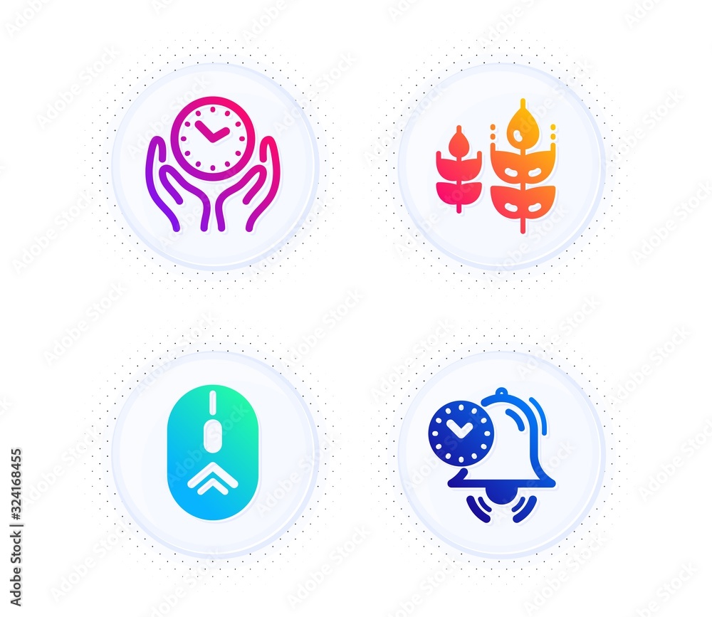 Poster gluten free, swipe up and safe time icons simple set. button with halftone dots. time management sig