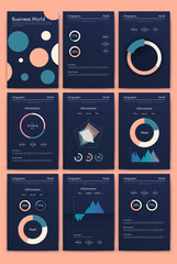 Modern infographic vector elements for business brochures. Use in website, corporate brochure, advertising and marketing. Pie charts, line graphs, bar graphs and timelines.