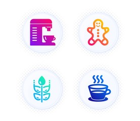 Gluten free, Coffee machine and Gingerbread man icons simple set. Button with halftone dots. Coffee cup sign. Bio ingredients, Cappuccino machine, Christmas cookie. Tea mug. Food and drink set. Vector