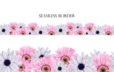 Seamless floral border with cute pink flowers. Hand drawing on a white background. Design element for cards, invitations, weddings, greetings. Gerbera, lily..