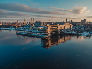 вид с дрона на речпорт в закат, view from the drone to the riverport to sunset