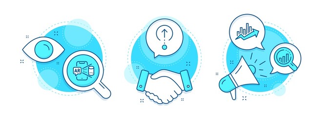 Growth chart, Seo analysis and Augmented reality line icons set. Handshake deal, research and promotion complex icons. Swipe up sign. Sale diagram, Targeting chart, Phone simulation. Vector