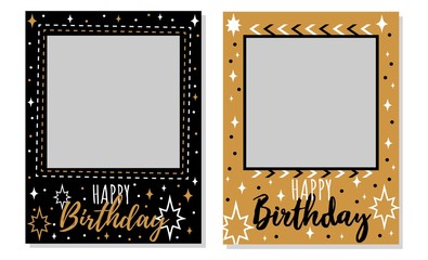 Happy birthday black and gold photo frames set vector illustration. Album templates for memory of celebration cartoon design. Festive party concept