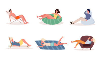 People enjoying rest in armchairs, sunbeds, on floor vector illustration