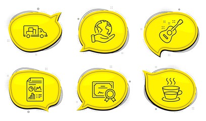 Guitar sign. Diploma certificate, save planet chat bubbles. Report document, Coffee cup and Truck transport line icons set. Growth chart, Tea mug, Delivery. Acoustic instrument. Business set. Vector