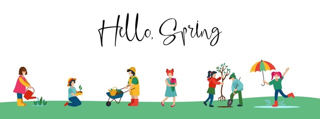 Hello spring cute card with people and activities vector illustration. Women gardening plants cartoon design. Girl jumping in puddle with umbrella. Handwritten lettering. Warm season concept