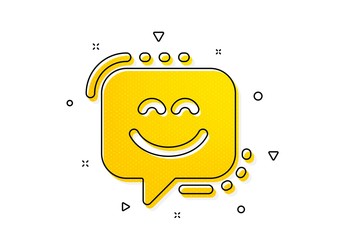 Happy emoticon chat sign. Smile face icon. Speech bubble symbol. Yellow circles pattern. Classic smile face icon. Geometric elements. Vector
