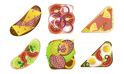 Different types of tasty sandwiches for breakfast vector illustration