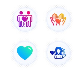 Heart, Hold heart and Friends couple icons simple set. Button with halftone dots. Woman love sign. Love feelings, Friendship, Romantic people. Love set. Gradient flat heart icon. Vector