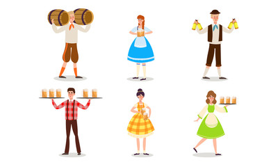 Waiters in german uniform serving beer drinks vector illustration