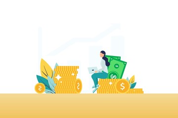 Investment and Analysis Money Cash Profits Metaphor. Freelancer, Employee or Manager Making Investing Plans, Calculating Benefits on Laptop. Vector illustration Career Growth and Business Success