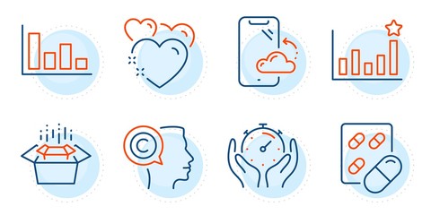 Histogram, Writer and Timer signs. Efficacy, Smartphone cloud and Capsule pill line icons set. Packing boxes, Heart symbols. Business chart, Phone backup. Business set. Outline icons set. Vector
