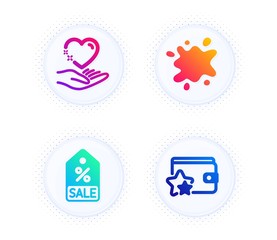 Hold heart, Sale coupon and Dirty spot icons simple set. Button with halftone dots. Loyalty program sign. Care love, Discount tag, Laundry service. Bonus wallet. Business set. Vector