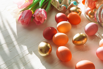 Painted Easter eggs in an eggbox with fresh tulips close up