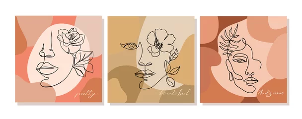 Wallpaper murals One line Set of  illustrations with one line continuous woman face and leaves. Abstract contemporary collage with geometric shapes. Design templates for covers, t-Shirt print, postcard, banner etc. Vector.