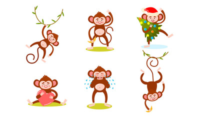 Set of monkey characters expressing emotions in life vector illustration