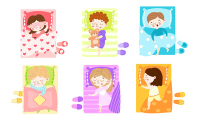 Happy boys and girls sleeping in beds vector illustration