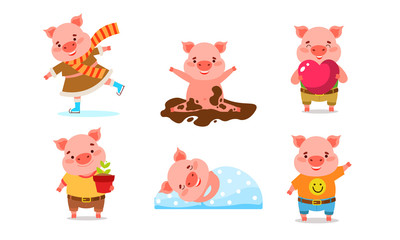 Set of happy pigs expressing positive emotions vector illustration