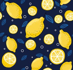 Lemons seamless pattern with fresh fruits vector illustration. Template for print textile wallpaper cover endless texture cartoon design. Tropical citrus and summer concept