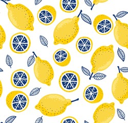 Colourful summer pattern with fresh lemons vector illustration. Whole and half fruits with leaves cartoon design. Exotic citrus food concept. Isolated on white background © Microstocker.Pro