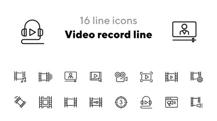 Video record line icons. Set of line icons on white background. Film making concept. Camera, tape, play sign. Can be used for topics like video recording, cinema, media entertainment © SurfupVector