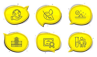 Leaf dew sign. Diploma certificate, save planet chat bubbles. Hospital building, Skin care and Medical analyzes line icons set. Medical help, Face cream, Medicine results. Water drop. Vector