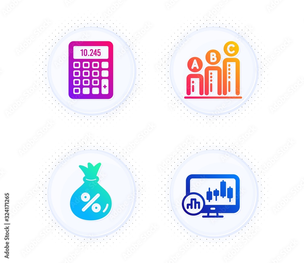 Poster loan, graph chart and calculator icons simple set. button with halftone dots. candlestick chart sign
