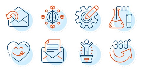 Logistics network, Winner podium and Mail correspondence signs. Yummy smile, Cogwheel and Send mail line icons set. Chemistry lab, 360 degrees symbols. Comic heart, Edit settings. Vector