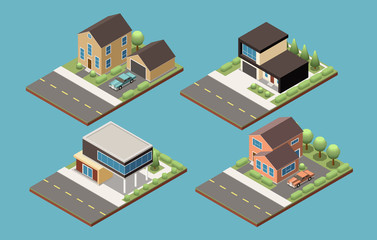 Suburban Buildings Isometric Collection © Macrovector
