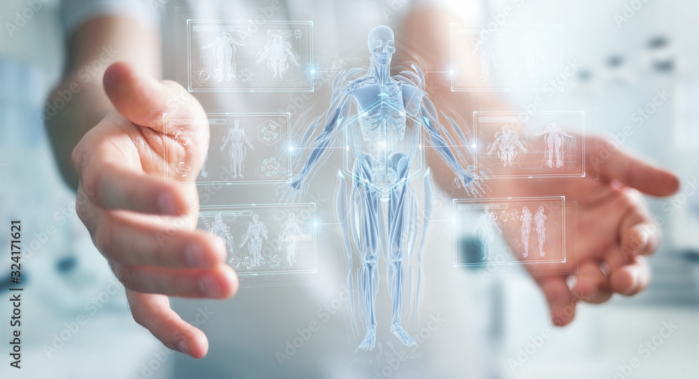 Fototapete Man using digital x-ray human body holographic scan projection 3D rendering