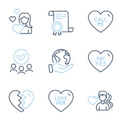 Love, Man love and Break up line icons set. Diploma certificate, save planet, group of people. Say yes, Call me signs. Romantic people, Divorce, Wedding. Sweetheart. Love set. Line icon set. Vector