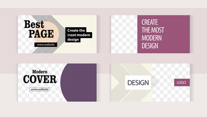 Naklejka premium Elegant violet and pastel colors linear patterns. Background set horizontal banner templates with frame for images. Stylish design for creativity.