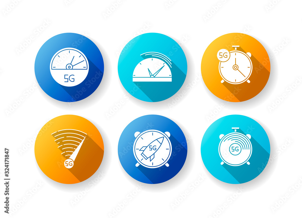Poster 5g fast speed connection flat design long shadow glyph icons set. stop-watches, speedometer. mobile 