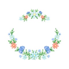 Wreath border frame with summer herbs, meadow flowers. Digital watercolor