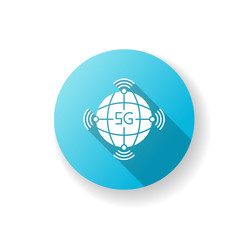 5g worldwide availability blue flat design long shadow glyph icon. Global deployment. Mobile cellular network coverage. Wireless technology. Silhouette RGB color illustration