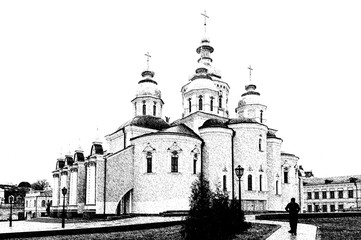 Fototapeta na wymiar Golden domes of St. Michael's Golden-Domed Monastery in Kiev, Ukraine with priest. Black and white pen sketch effect. 
