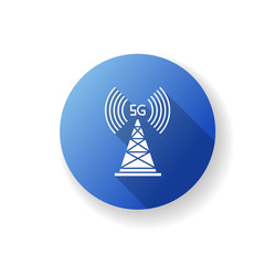 5G cell tower blue flat design long shadow glyph icon. Wireless technology. Fast connection. Mobile cellular network coverage. Telecommunications antenna. Silhouette RGB color illustration